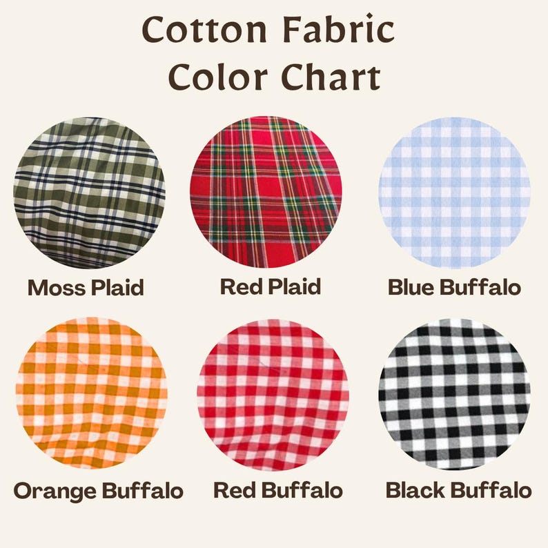 Puede incluir: Una carta de colores de tela de algod&oacute;n con seis muestras circulares. Fila superior: Moss Plaid, Red Plaid y Blue Buffalo. Fila inferior: Orange Buffalo, Red Buffalo y Black Buffalo. Cada muestra muestra su nombre espec&iacute;fico debajo.