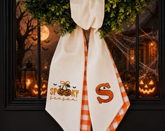 Personalized Spooky Season Halloween Door Bow Wreath Sash, Fall Front Door Decor, Custom Initial Door Hanger