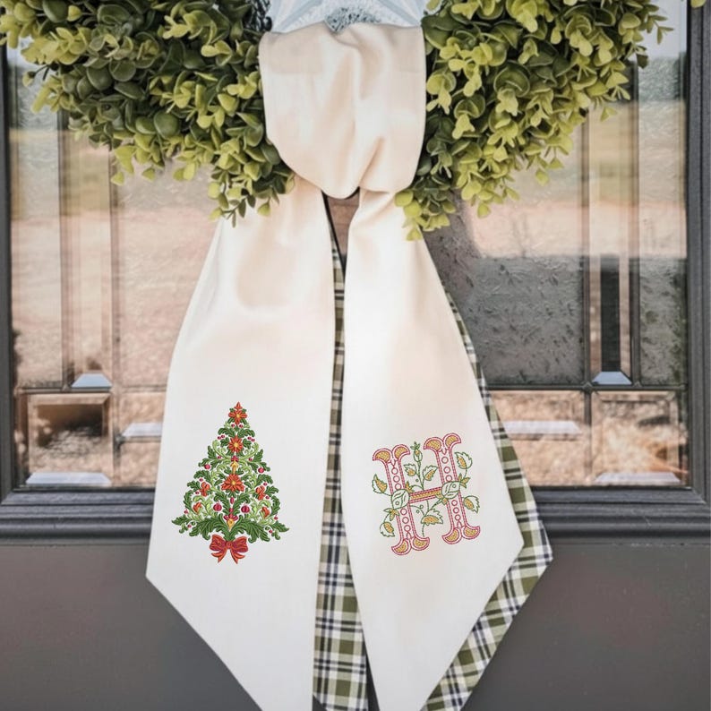 Embroidered Christmas Tree with Floral Letter Monogram Wreath Sash, Custom Organic Linen Winter Wreath Sash, Decor Sash, Christmas Sash