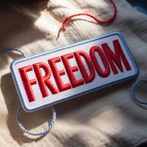 May include: A rectangular patch with the word "FREEDOM" embroidered in red on a white background. The patch has a light blue border and is set against a beige fabric. Red and blue threads are visible.