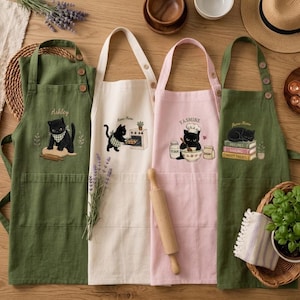 Custom Embroidered Linen Apron With Pocket, Personalized Cat Kitchen Aprons, Cute Black Cat Gift, Baking Apron for Cat Lovers