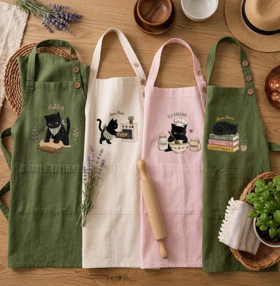 Custom Embroidered Linen Apron With Pocket, Personalized Cat Kitchen Aprons, Cute Black Cat Gift, Baking Apron for Cat Lovers