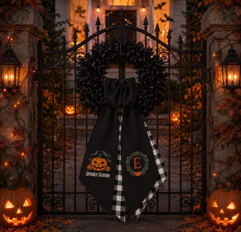Guirnalda personalizada de calabazas bordadas para Halloween, decoración otoñal para la puerta principal, colgador de puerta con inicial monograma imagen 4