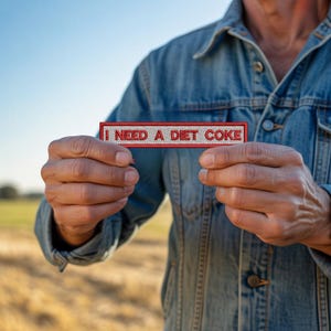 以下が含まれることがあります： 赤い文字で「I NEED A DIET COKE」と書かれた長方形のパッチ。デニムジャケットを着た人がパッチを持っています。背景には畑と青い空が写っています。