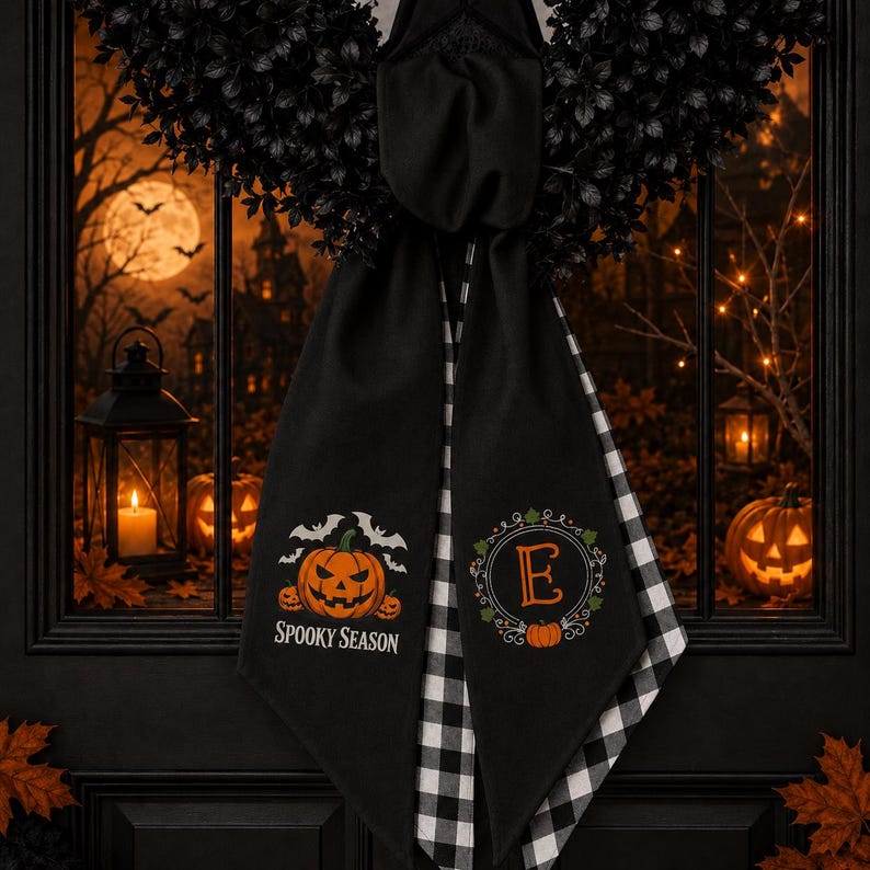 Puede incluir: Un pa&ntilde;o de cocina negro para colgar con un gr&aacute;fico de calabaza, el texto "SPOOKY SEASON" y un dise&ntilde;o de corona circular que rodea la letra "E" con una peque&ntilde;a calabaza. El pa&ntilde;o presenta un patr&oacute;n de cuadros negros y blancos.