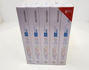 Cintas VHS Memorex, paquete de 5, T-120, cinta VHS virgen, stock antiguo nuevo, sellada, 5 unidades