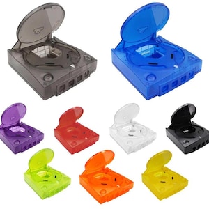 May include: A collection of colorful, transparent game consoles. The consoles are in various colors, including blue, purple, red, white, black, green, orange, and yellow. Each console has an open lid.