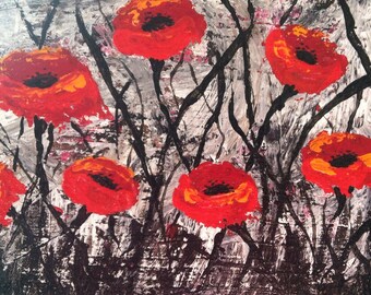 Red Poppies/Grey Background/Black Foliage Wildflowers/Florals/Flowers/