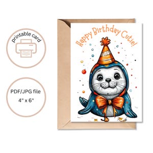 Printable Birthday Card, Cute Seal Birthday Card, for Friend, Mom, Kid, Child Birthday Card, Digital Download 4x6 Greeting Card