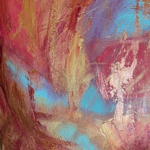 May include: Abstract painting with a mix of red, orange, yellow, blue, and purple paint. The paint is applied in thick strokes, creating a textured surface.