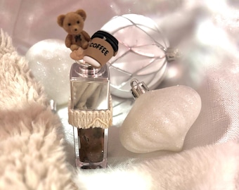 Teddy Latte Lip Gloss: Dark Brown Swirl, Pumpkin Pie Scent, Coffee Bear Charm