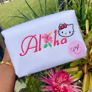 Aloha Kitty Embroidered Crewneck, Gift for Her, Hi kitty, Gift, Kitty Print Sweatshirt, Personalized Sweatshirt Gift,