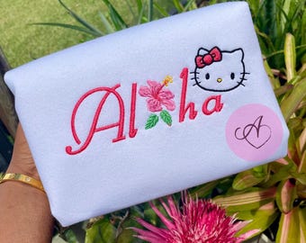 Aloha Kitty Embroidered Crewneck, Gift for Her, Hi kitty, Gift, Kitty Print Sweatshirt, Personalized Sweatshirt Gift,