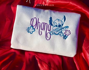 Lilo i Stitch Ohana haftowane bluzy z okrągłym dekoltem, Walentynki, Kochanie, Wakacje Disneya, haftowana bluza z okrągłym dekoltem Stitch