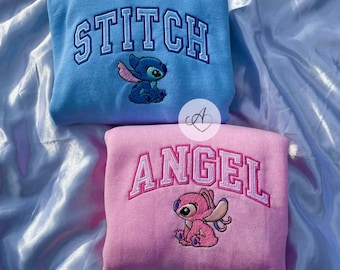 Broderad Stitch och Angel-tröja för par, broderad jubileumströja, matchande Disney-tröja, present till par