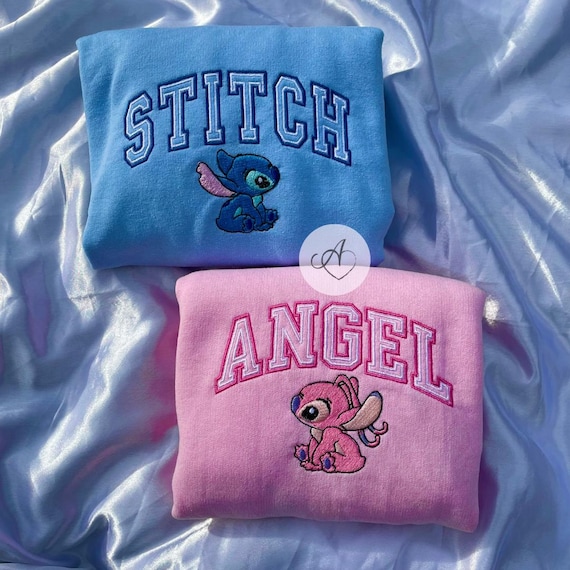 Stitch And Angel Embroidered Couple Sweatshirt, Anniversary Embroidered Sweatshirt, Disney Matching Hoodie, Gift For Couple