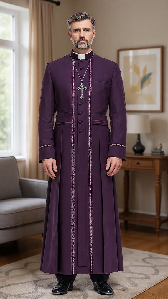 Men’s Purple wool. Clergy Robe | Handmade Priest Cassock | Gothic Religious Long Coat.