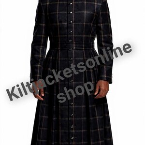 May include: A long, black and brown plaid coat with a mandarin collar and button-down front. The coat has a belted waist and a full skirt. The text "Kiltjacketsonline shop" is visible on the image.