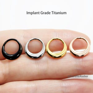 May include: Four circular nose rings in black, silver, gold, and rose gold. The text "Implant Grade Titanium" is above the rings. The rings are displayed on a light background.