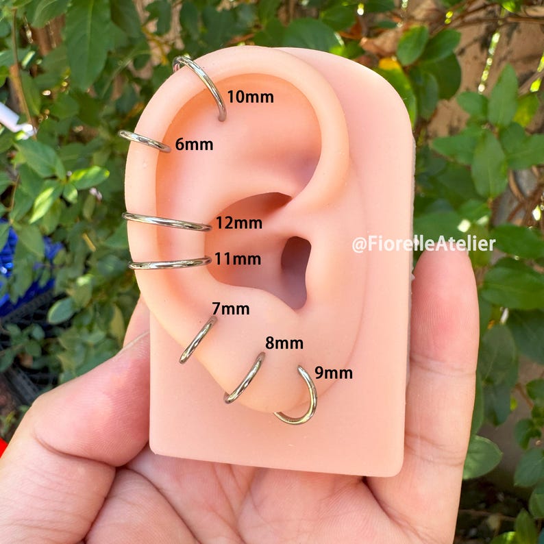 May include: A selection of silver hoop earrings, sized from 6mm to 12mm, displayed on a flesh-coloured ear model. Each earring is labelled with its size in millimetres. The background is blurred, with green leaves visible.