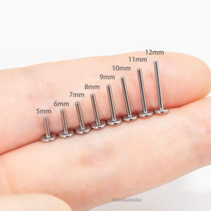 May include: A collection of silver-colored lip piercing studs, ranging in size from 5mm to 12mm. Each stud features a flat disc base and a straight post. The sizes are labeled in millimeters, with the largest stud measuring approximately 0.47 inches.