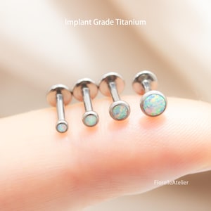 May include: Four implant grade titanium earrings with opal gemstones. The earrings are silver in color and have a flat disc on top. The gemstones are round and have a mix of colors. The text "Implant Grade Titanium" is at the top.