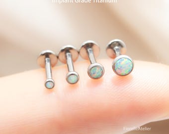 16G / 18G / 20G Titan fadenlose Silber Opal Lünette Labret Bolzen, flache Rückseite Knorpelohrring Helix Tragus Conch Nase Piercing Push-Pin Tiny