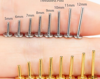 16G 18G 20G Threadless Titanium Implant Grade Replacement Post | Push Pin Back, Flat Back | Helix/Conch/Tragus/Nose Stud/Silver/Gold 5–12mm