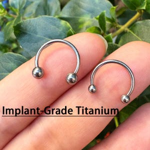以下が含まれることがあります： 銀色の蹄鉄型のボディジュエリー2つ。両端にボールが付いています。「Implant-Grade Titanium」の文字が下に表示されています。ジュエリーは緑の葉を背景に表示されています。