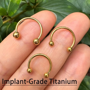 May include: Three gold-colored horseshoe-shaped body jewelry pieces with a ball on each end. The text "Implant-Grade Titanium" is printed in black at the bottom of the image. The jewelry is displayed on a finger.