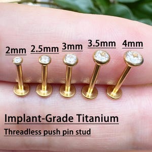 Gold Implant Grade Titanium Threadless Push Pin Clear CZ Flat Back Earring Tragus Triple Forward Nose Studs Helix Conch Labret 20g/18g/16g