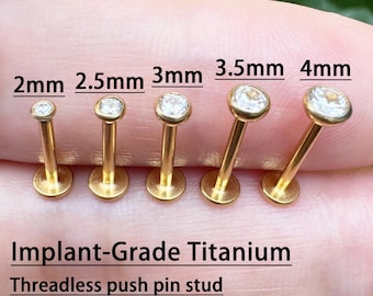Złoty implant tytanowy bezgwintowy, kolczyk z płaskim zapięciem, przezroczysty cyrkon, kolczyk do nosa z trzema ćwiekami do przodu, Helix Conch Labret, 20g/18g/16g
