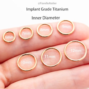 May include: Gold-colored, implant-grade titanium rings in various sizes, ranging from 6mm to 12mm inner diameter. The image includes text indicating the material and the inner diameter measurements.