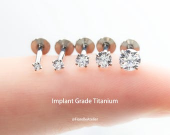 Labret in titanio di grado implantare 16G 18G, orecchino posteriore piatto con filettatura interna, perno nasale in cartilagine trago elicoidale, zirconi trasparenti, 5-12 mm