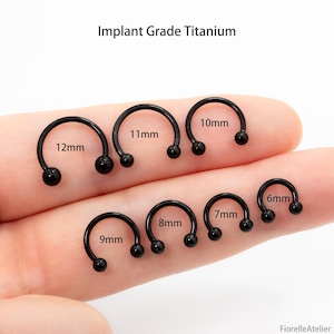 May include: Black horseshoe-shaped body jewelry in various sizes, ranging from 6mm to 12mm, with a small ball on each end. The text "Implant Grade Titanium" is at the top. The jewelry is displayed on a light background.