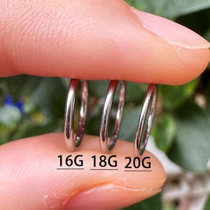 May include: Three silver hoop earrings held between fingers. The earrings are labelled with the sizes 16G, 18G, and 20G. The background is a blurred view of green foliage.