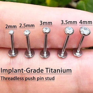 20g/18g/16g Implant Grade Titanium Prong CZ Threadless Push Pin Labret/Tragus/Cartilage/Conch/Helix Flat Back Earring/Nose Stud 2, 2.5,3,4mm