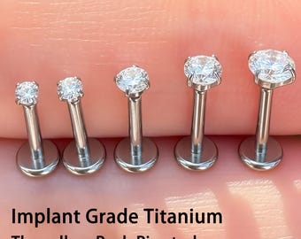Perno di spinta senza filettatura in titanio di grado implantare 20G/18G/16G, zircone cubico a punta, orecchino labret/trago/cartilagine/conca/parte posteriore piatta/perno nasale, 1,5, 2, 2,5, 3,4 mm