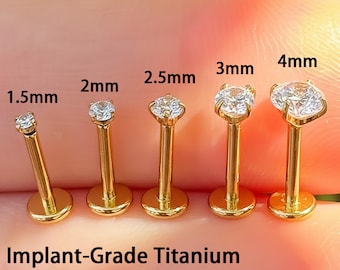 Piercing de titanio de grado implante con punta de oro y circonita cúbica sin rosca para labio, trago, hélix, cartílago, parte trasera plana, piercing para nariz, 16 g, 18 g, 20 g, 1,5-5 mm