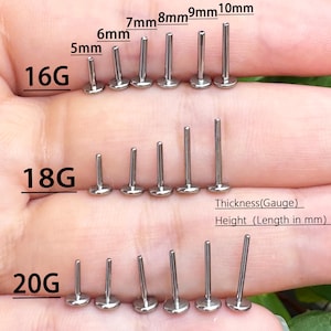 May include: A collection of silver-colored lip piercing studs in various sizes. The image shows studs labeled 16G, 18G, and 20G, with lengths ranging from 5mm to 10mm. The text indicates the thickness (gauge) and height (length in mm).