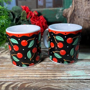 Set of 2 Vintage Sakura Mary Engelbreit Cherries Coffee Mugs Cups ME Microwave Safe