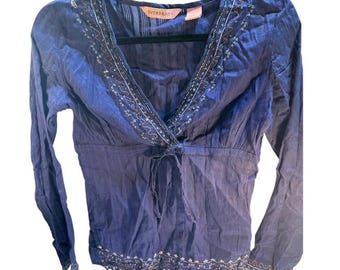 Overdrive Long Sleeve Boho Y2K Cotton Top- size 5 Embroidered Sequin Gauzy Navy