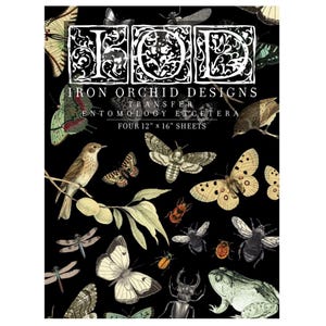 May include: A black sheet featuring various insects and butterflies, including a bird, beetles, and dragonflies. The text "Iron Orchid Designs Transfer Entomology Etcetera" is displayed, along with "Four 12" x 16" Sheets."