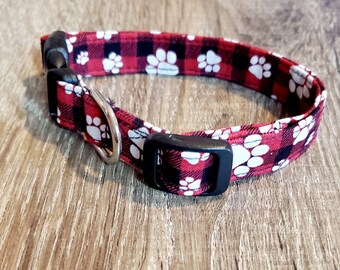 Buffalo Plaid Dog Collar |  Paw Prints Plaid Dog Collar | Buffalo Plaid Paw Dog Collar |  Buffalo Plaid Cat Collar | Christmas Red nPlaid