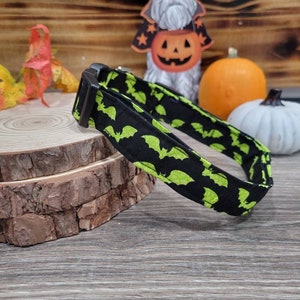 May include: A black and green dog collar with a bat pattern. The collar is made of fabric and has a black buckle.