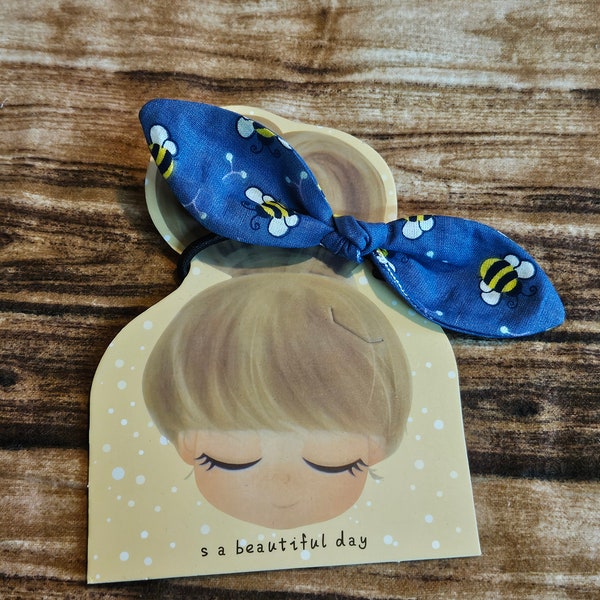 Honey Bees Knot Ponytail Hair Bow Tie, Messy Bun Bow, Spring Top Knot Bow, Retro Knot Bow, Fabric bow hair tie, pointy ends