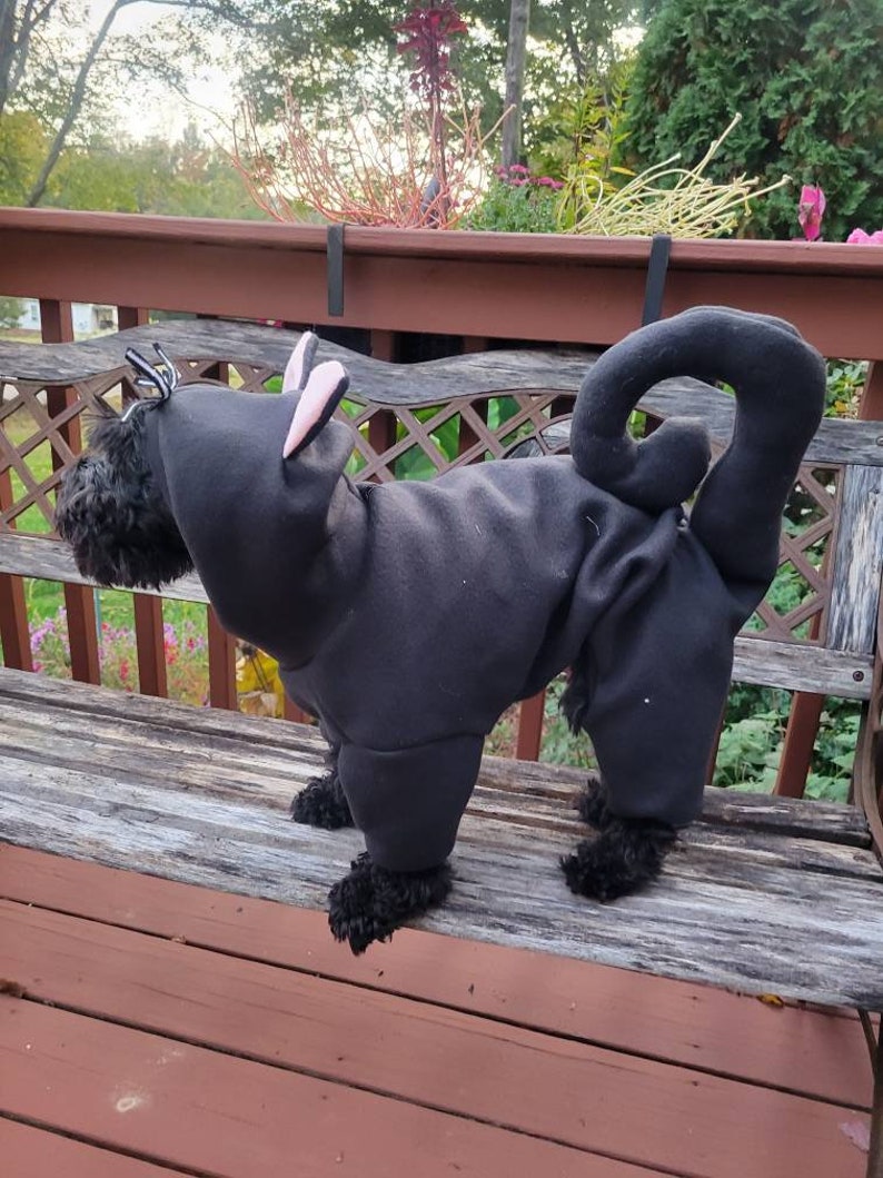 May include: A black dog wearing a black cat costume with pink ears and a curled tail. The dog is sitting on a wooden bench.