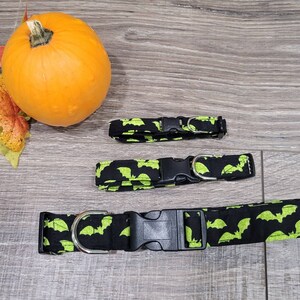 May include: Three black and green dog collars with a bat print. The collars have black plastic buckles and silver D-rings.