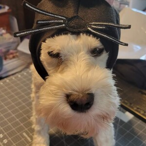 May include: A white dog wearing a black cat costume with pink ears and white whiskers. The dog is standing on a gray cutting mat.