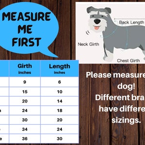 May include: A chart showing dog clothing sizes in inches. The chart lists sizes from XXS to XX-Large and includes measurements for girth and length. A diagram of a dog shows how to measure girth, length, and neck.